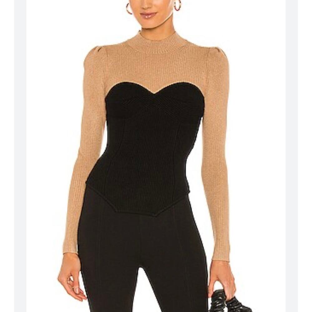 Fleur Du Mal Corset Ribbed Mock Neck Sweater Nude Beige & Black Size S